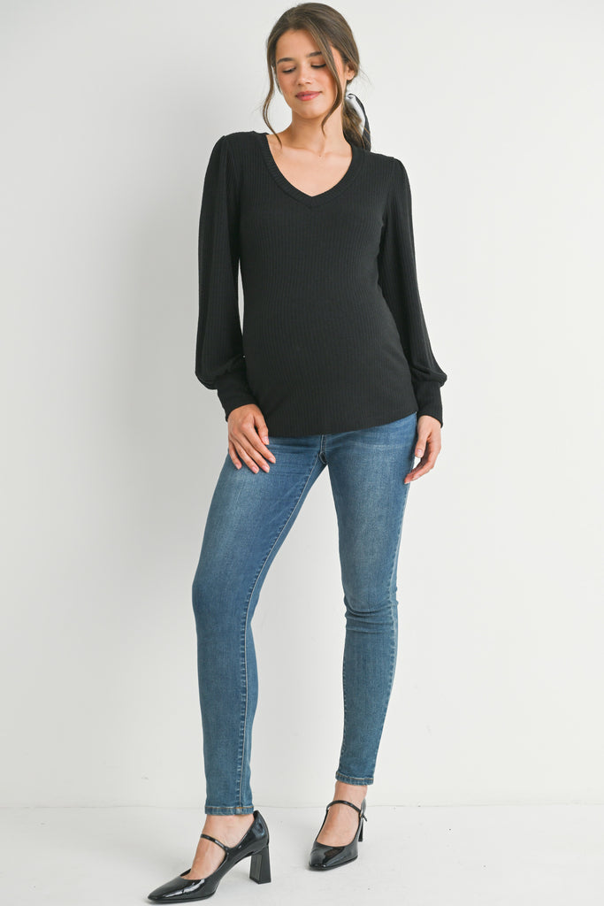 Black Ribbed Long Sleeve V Neck Maternity Top Full Body