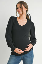 Black Ribbed Long Sleeve V Neck Maternity Top Front View