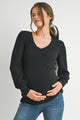 Black Ribbed Long Sleeve V Neck Maternity Top Front View