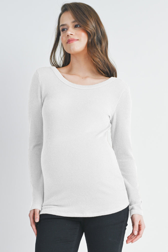 Off White Ribbed Long Sleeve Scoop Neck Maternity Top Front View