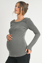 Grey Ribbed Long Sleeve Scoop Neck Maternity Top Side View