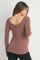 Red Brown Ribbed Long Sleeve Scoop Neck Maternity Top Back View