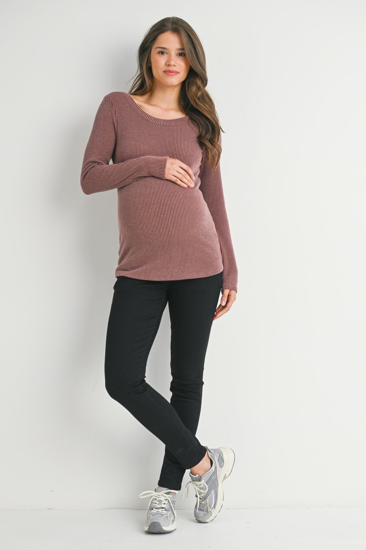 Red Brown Ribbed Long Sleeve Scoop Neck Maternity Top Full Body