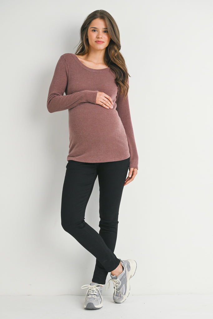 Red Brown Ribbed Long Sleeve Scoop Neck Maternity Top Full Body