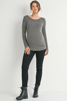 Grey Ribbed Long Sleeve Scoop Neck Maternity Top Full Body