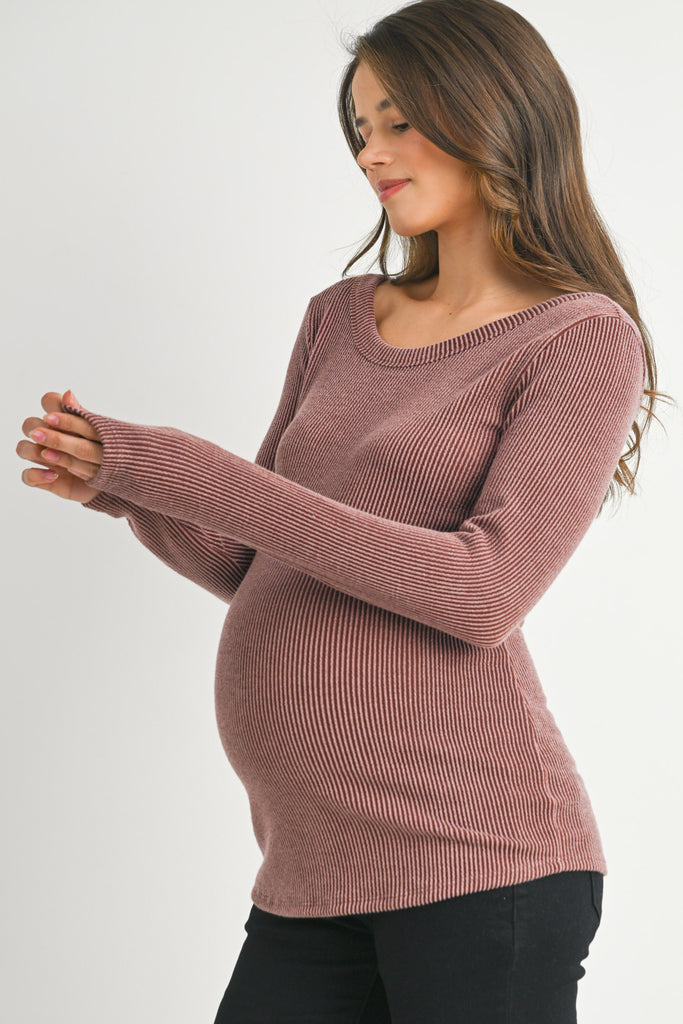 Red Brown Ribbed Long Sleeve Scoop Neck Maternity Top Side View