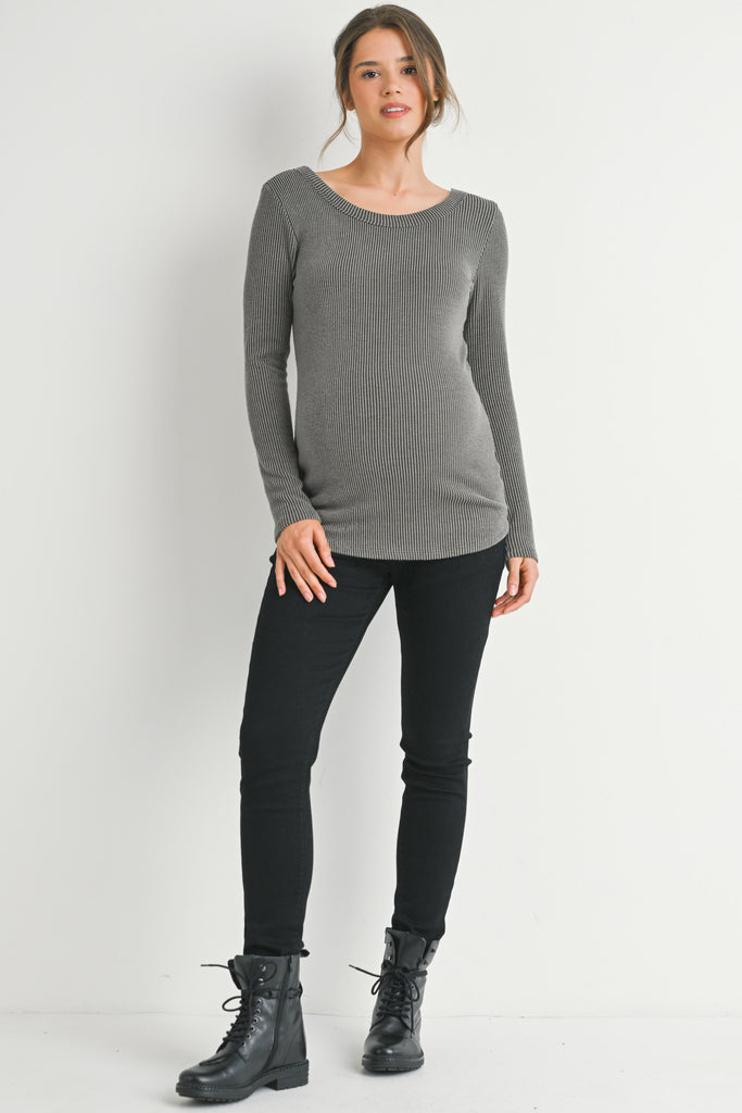 Grey Ribbed Long Sleeve Scoop Neck Maternity Top Full Body