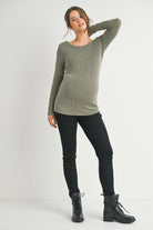 Olive Ribbed Long Sleeve Scoop Neck Maternity Top Full Body