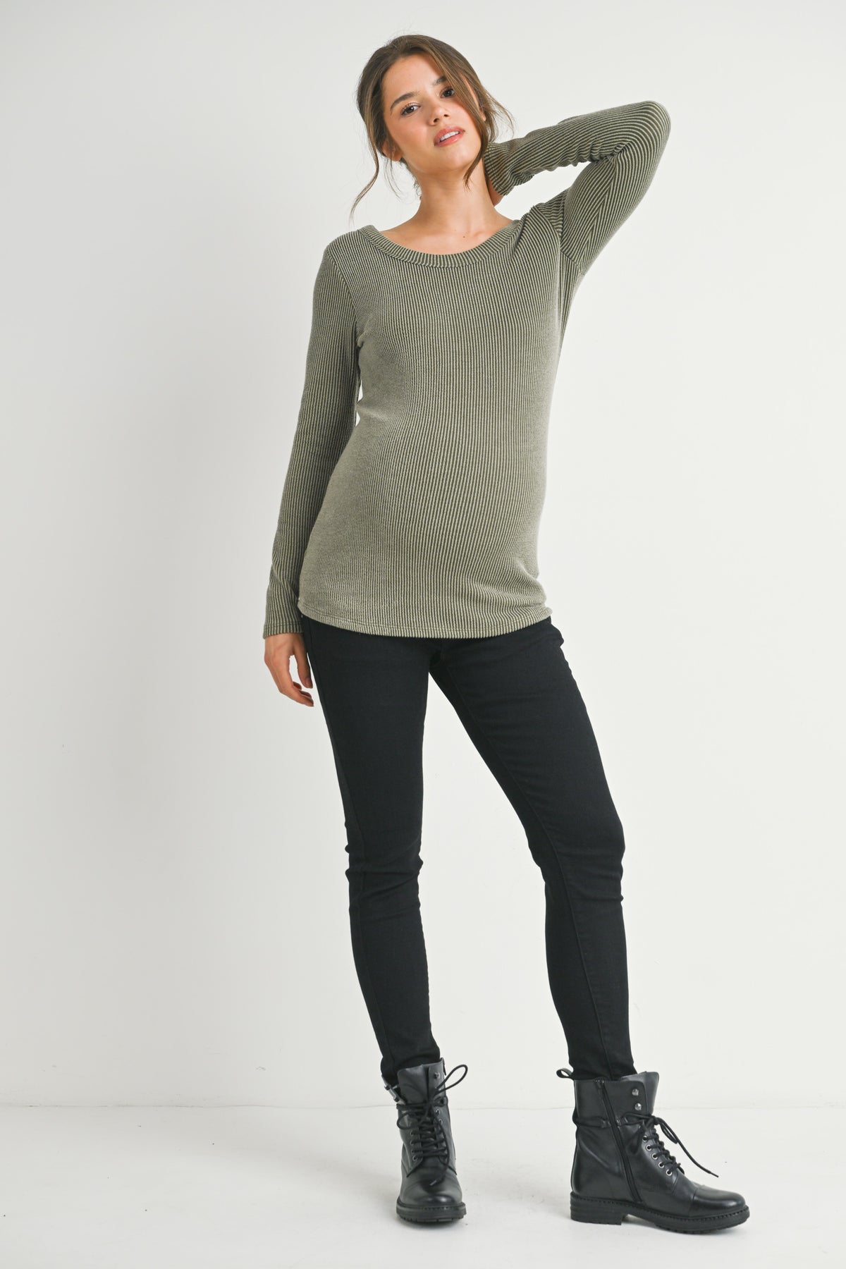 Olive Ribbed Long Sleeve Scoop Neck Maternity Top Full Body