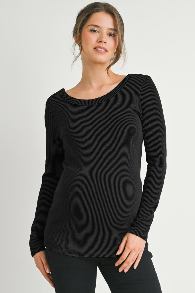 Black  Ribbed Long Sleeve Scoop Neck Maternity Top Front View