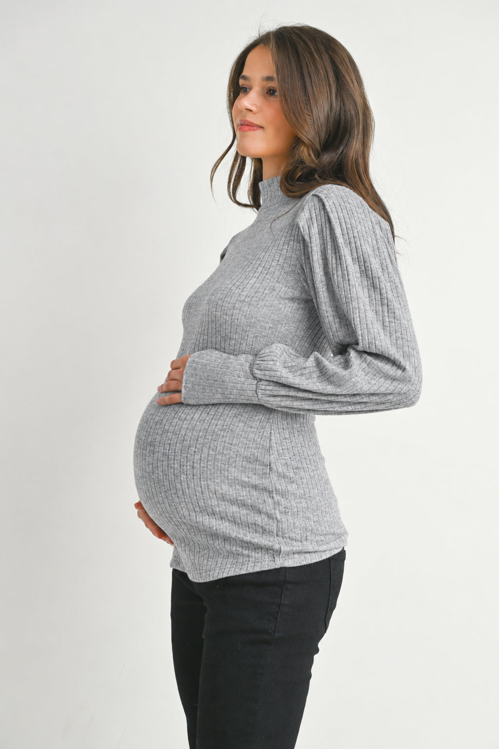 Heather Grey Ribbed Mock Neck Puff Sleeve Maternity Top Side View