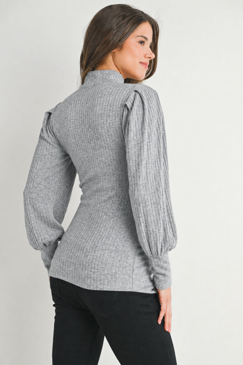 Heather Grey Ribbed Mock Neck Puff Sleeve Maternity Top Back View