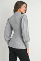 Heather Grey Ribbed Mock Neck Puff Sleeve Maternity Top Back View