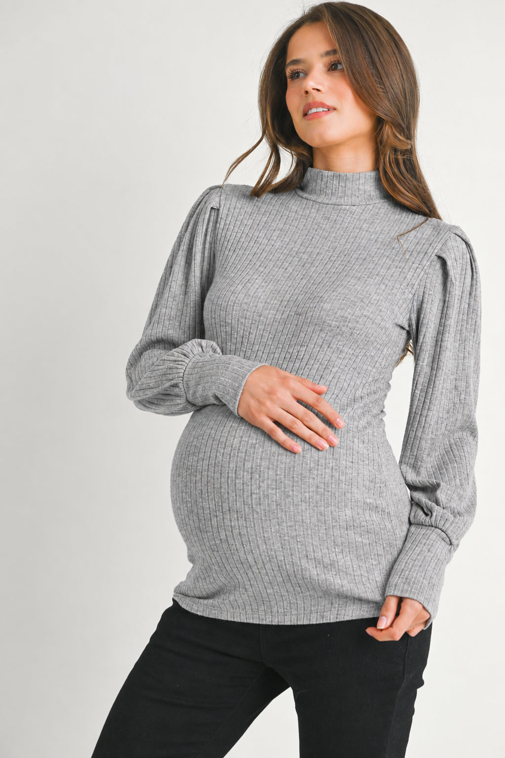 Heather Grey Ribbed Mock Neck Puff Sleeve Maternity Top Front View