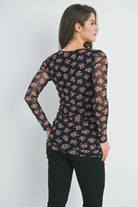Black Floral Sheer Sleeve Square Neck Maternity Top Back View