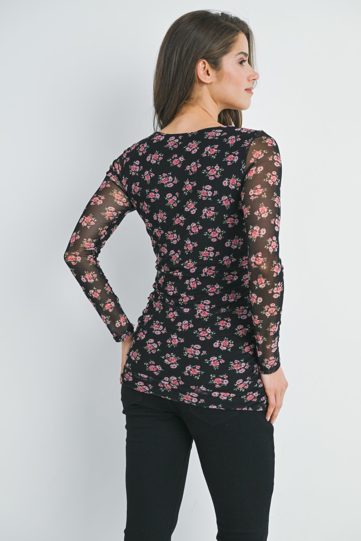 Black Floral Sheer Sleeve Square Neck Maternity Top Back View