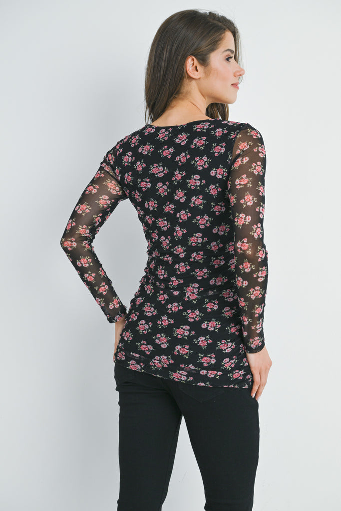 Black Floral Sheer Sleeve Square Neck Maternity Top Back View