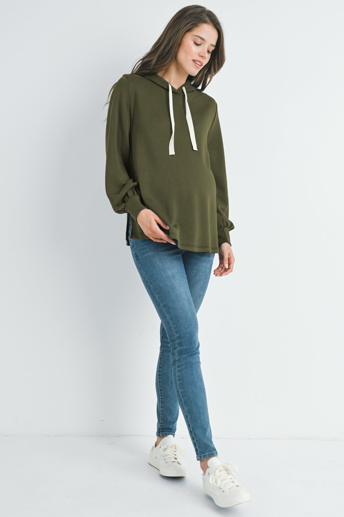 Olive Casual Maternity Loose Fit Pull Over Hoodie Full Body