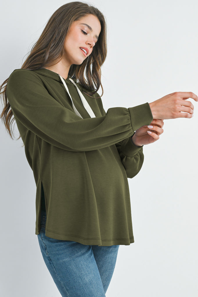 Olive Casual Maternity Loose Fit Pull Over Hoodie Side View
