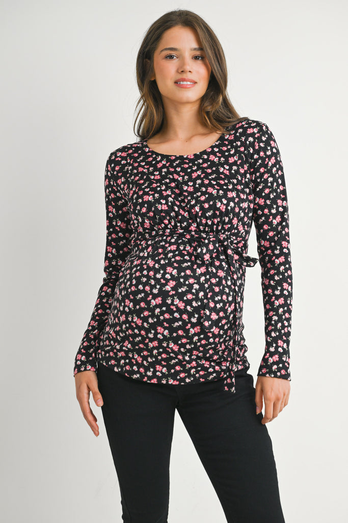 Floral Tie Front Long Sleeve Maternity Nursing Top front view