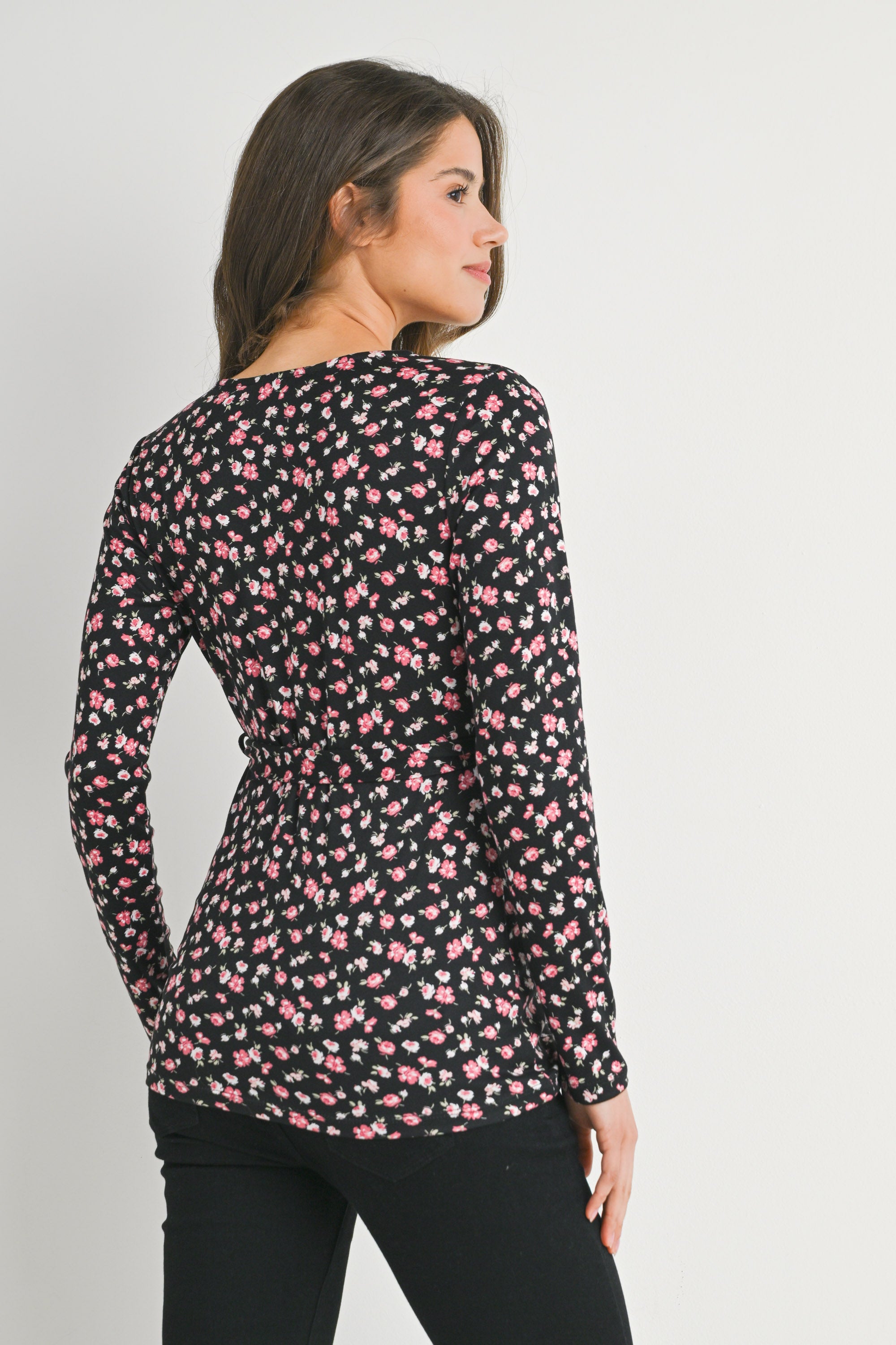 Floral Tie Front Long Sleeve Maternity Nursing Top Back View