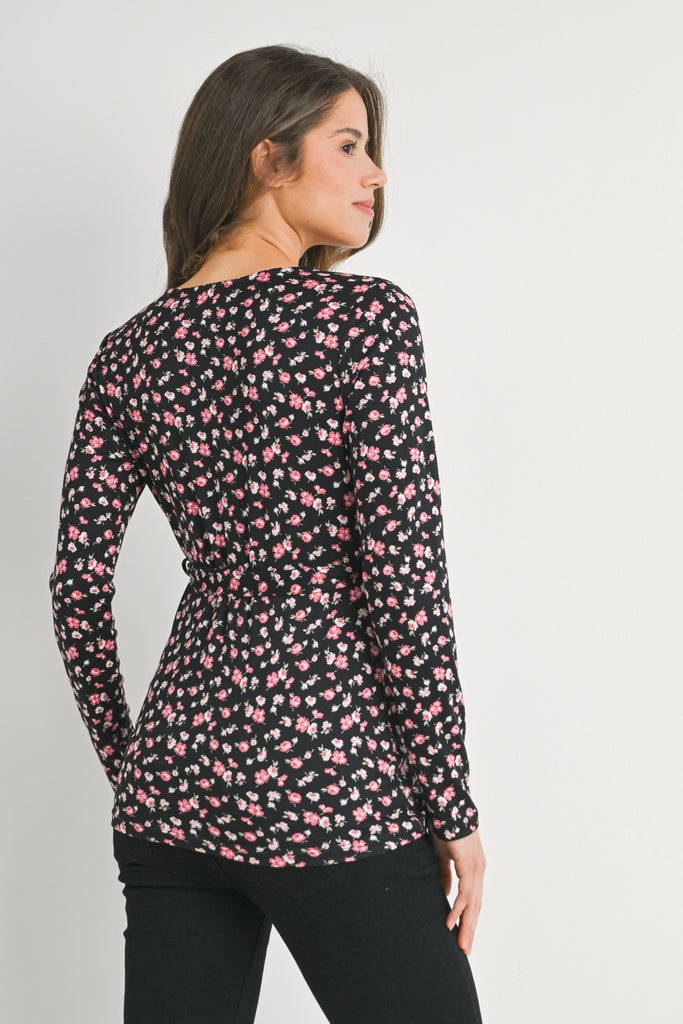 Floral Tie Front Long Sleeve Maternity Nursing Top Back View