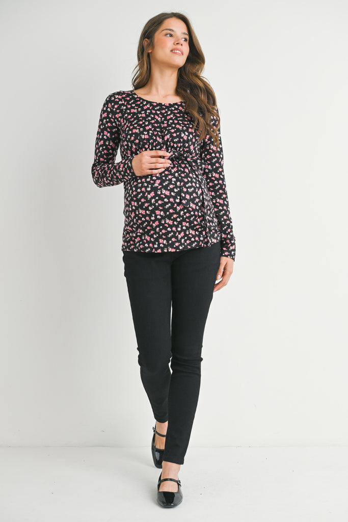 Floral Tie Front Long Sleeve Maternity Nursing Top Full Body