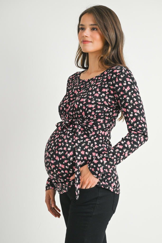 Floral Tie Front Long Sleeve Maternity Nursing Top Side View