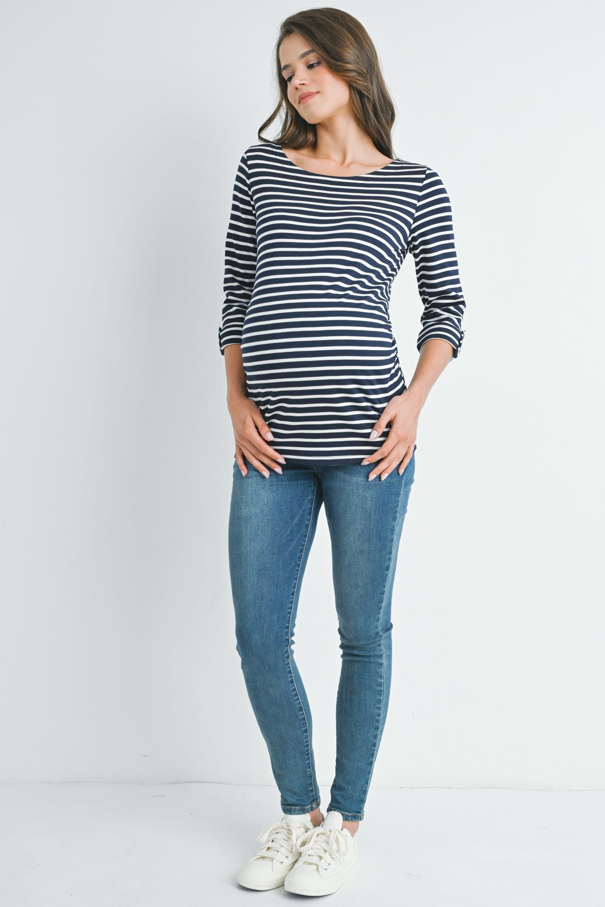Navy/White Stripe Boat Neck Tab Sleeve Maternity Top Full Body