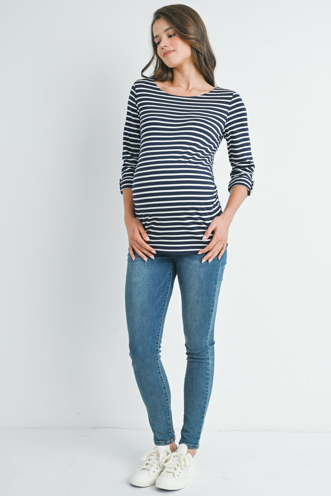 Navy/White Stripe Boat Neck Tab Sleeve Maternity Top Full Body