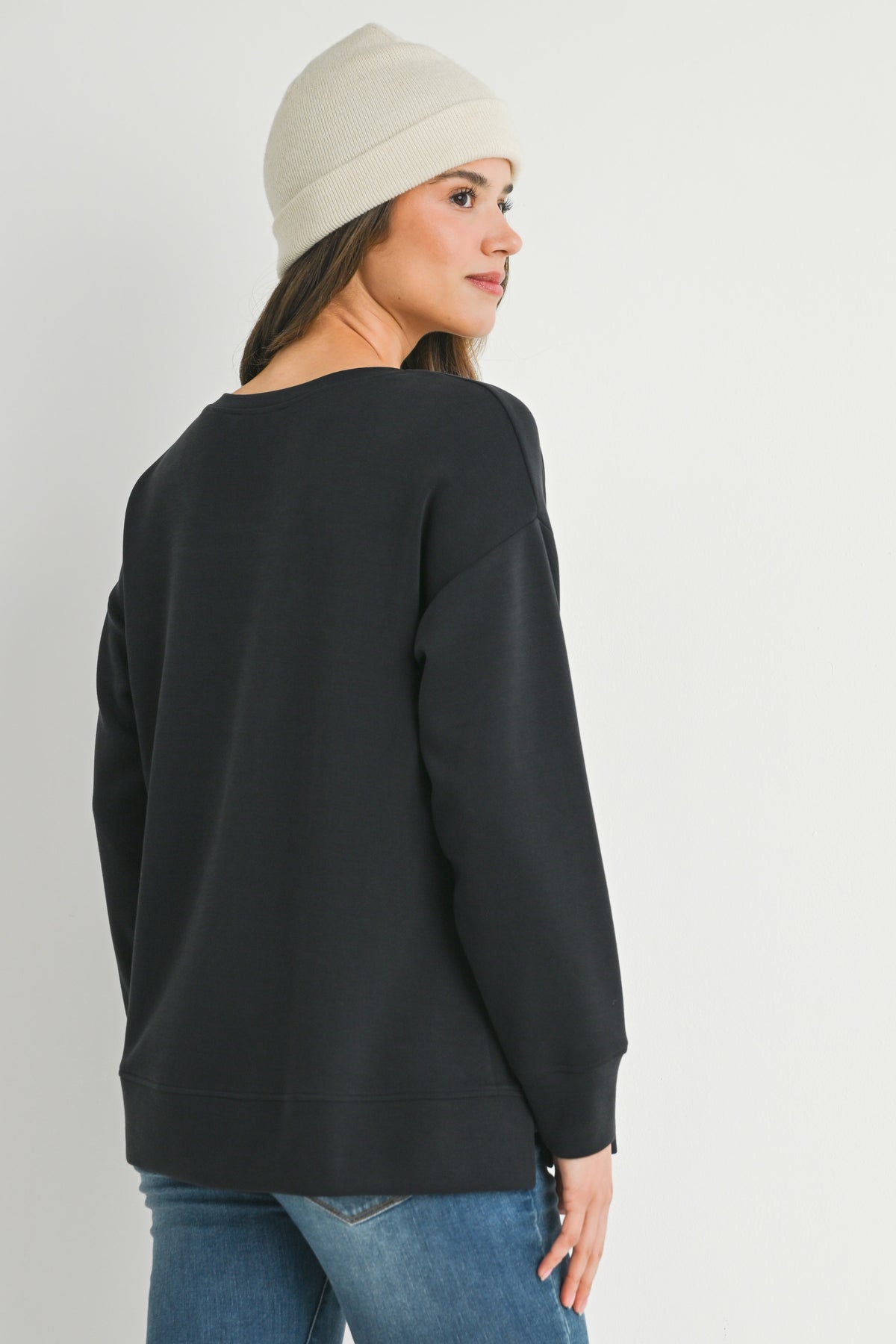 Black Casual Maternity Loose Fit Crewneck Pull Over Back View