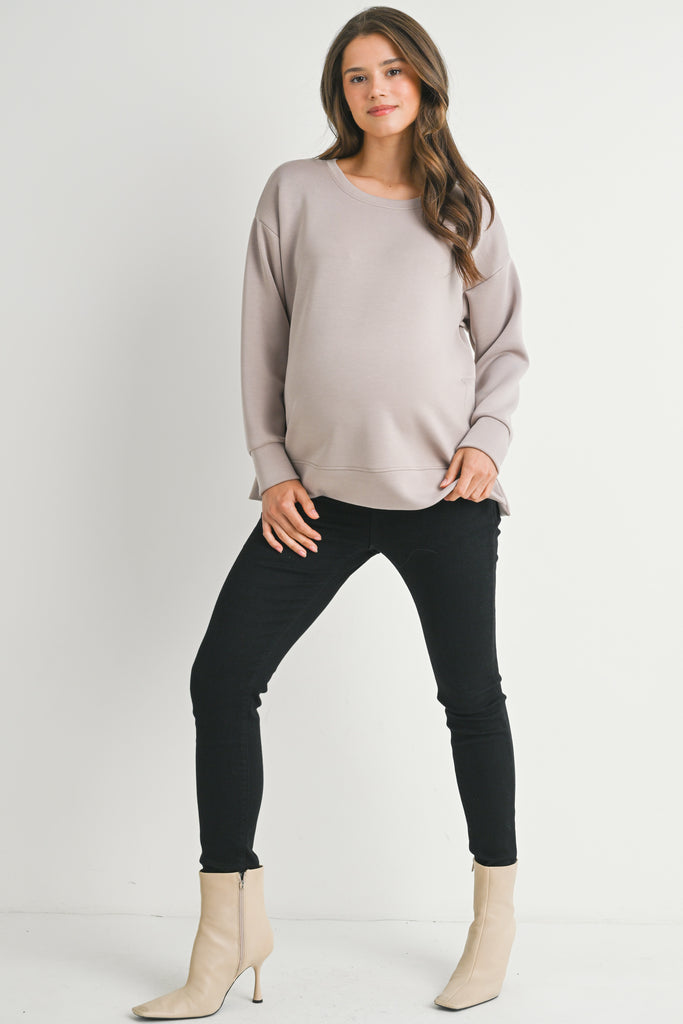 Taupe Casual Maternity Loose Fit Crewneck Pull Over Full Body