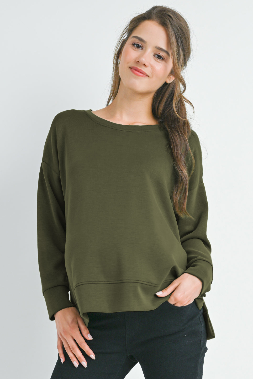 Olive Casual Maternity Loose Fit Crewneck Pull Over Front View