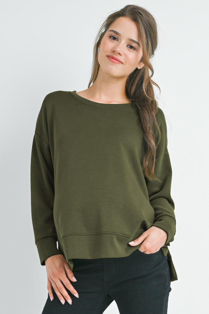 Olive Casual Maternity Loose Fit Crewneck Pull Over Front View