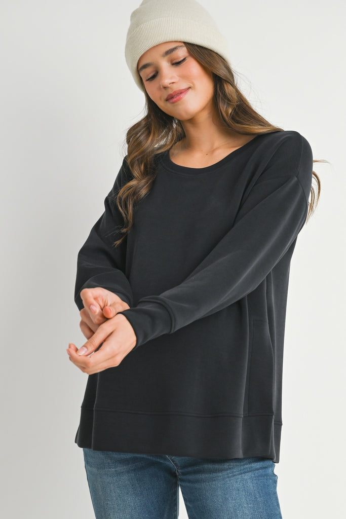 Black Casual Maternity Loose Fit Crewneck Pull Over Side View