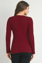 Burgundy Reverse Stitching Long Sleeve Crewneck Maternity Top Back View