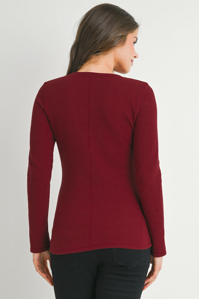 Burgundy Reverse Stitching Long Sleeve Crewneck Maternity Top Back View