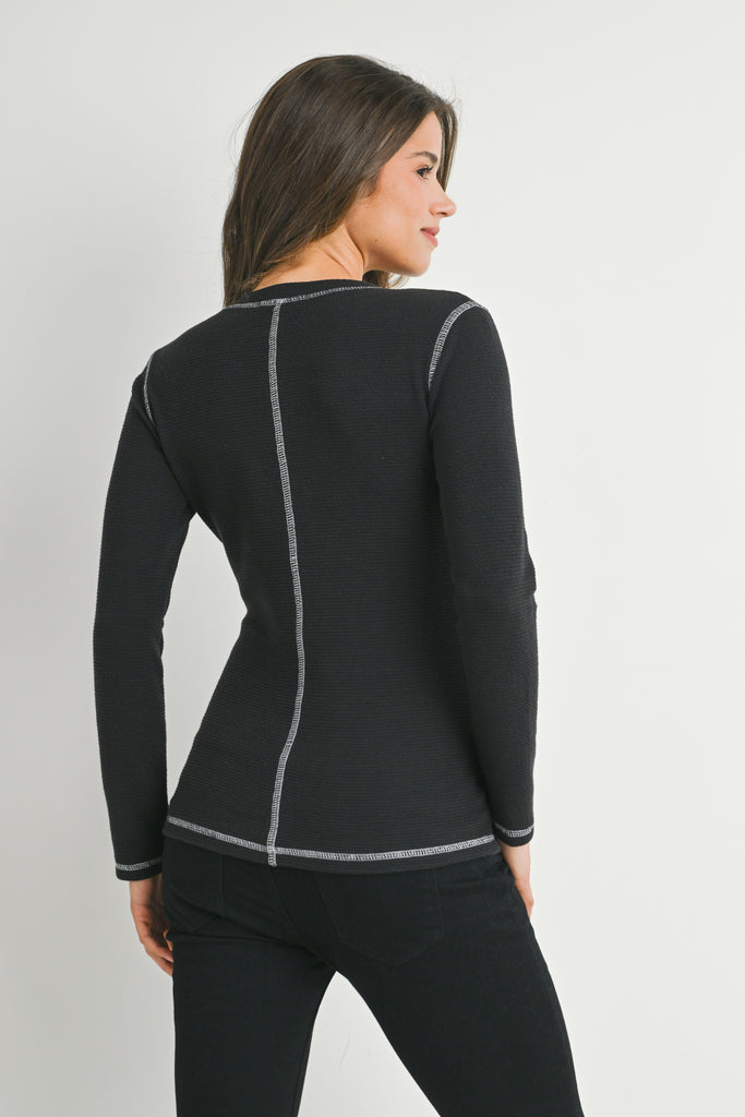 Black Reverse Stitching Long Sleeve Crewneck Maternity Top Back View