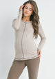 Taupe Reverse Stitching Long Sleeve Crewneck Maternity Top Front View