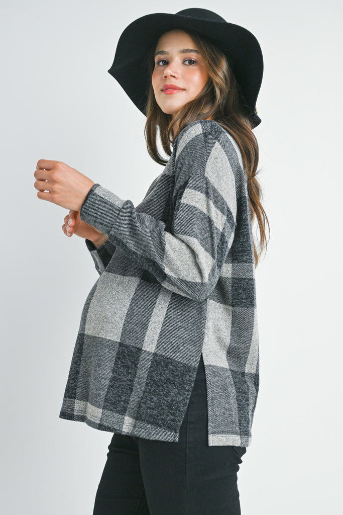 Black Plaid Crewneck Long Sleeve Maternity Pullover Top Side View