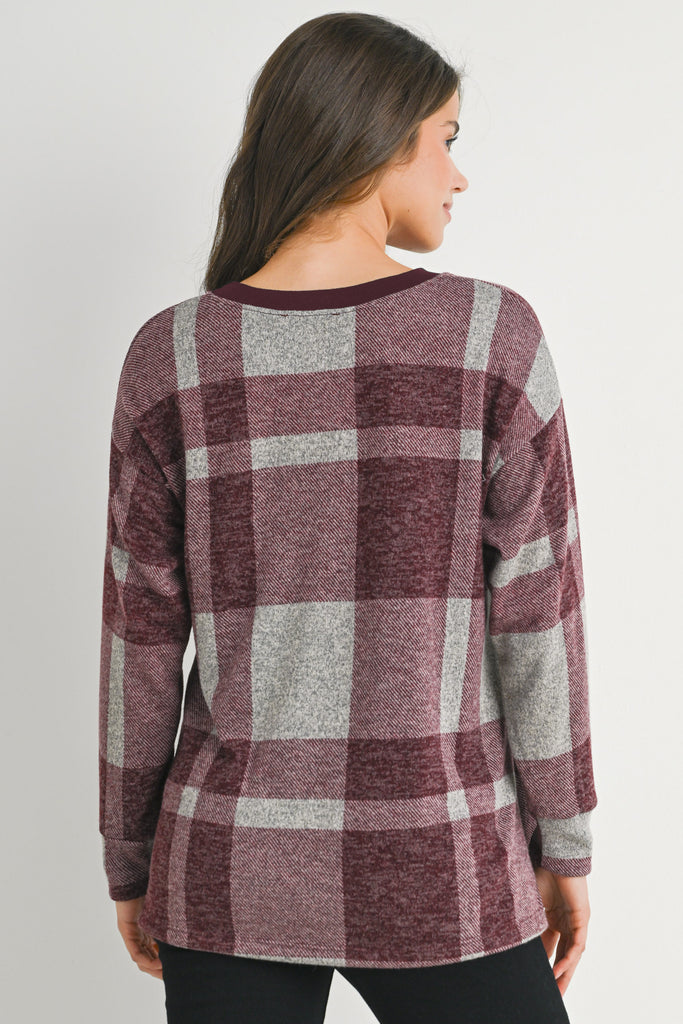 Burgundy Plaid Crewneck Long Sleeve Maternity Pullover Top Back View