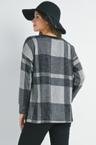 Black Plaid Crewneck Long Sleeve Maternity Pullover Top Back View