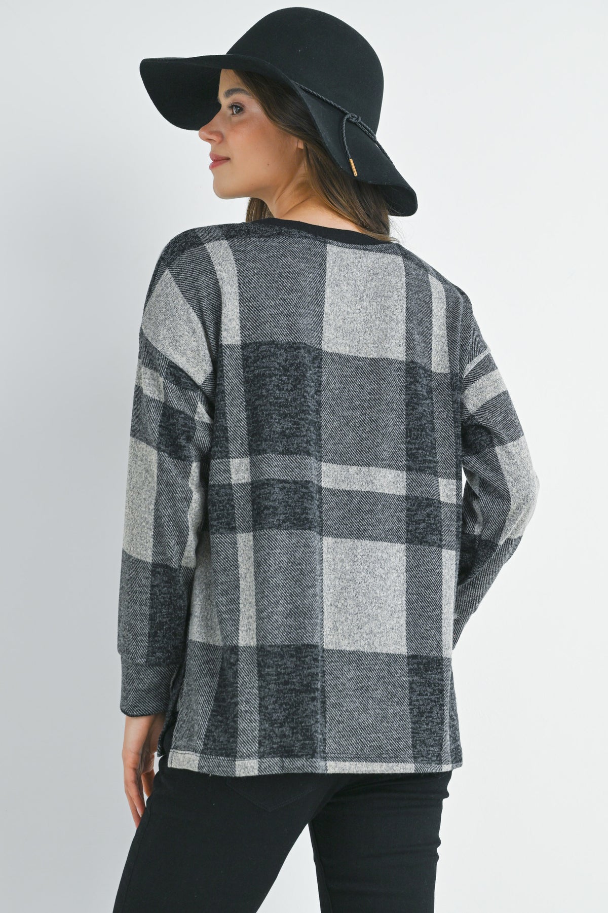 Black Plaid Crewneck Long Sleeve Maternity Pullover Top Back View