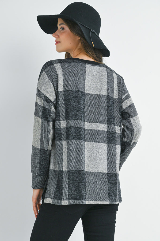 Black Plaid Crewneck Long Sleeve Maternity Pullover Top Back View