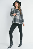 Black Plaid Crewneck Long Sleeve Maternity Pullover Top Full Body