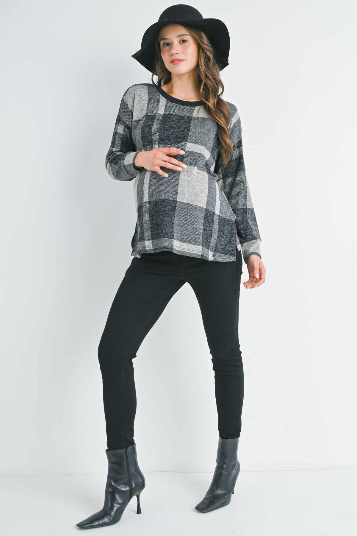 Black Plaid Crewneck Long Sleeve Maternity Pullover Top Full Body