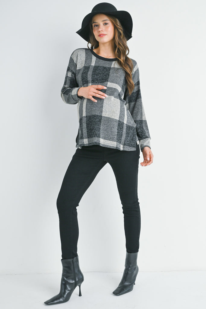 Black Plaid Crewneck Long Sleeve Maternity Pullover Top Full Body