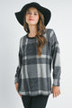 Black Plaid Crewneck Long Sleeve Maternity Pullover Top Front View