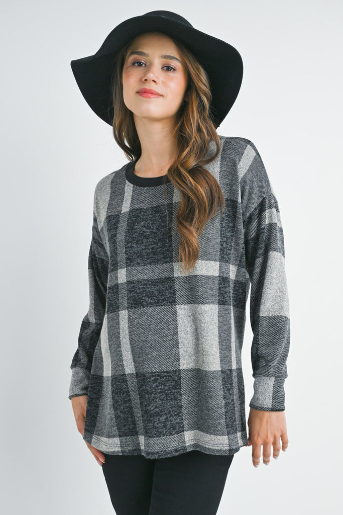 Black Plaid Crewneck Long Sleeve Maternity Pullover Top Front View