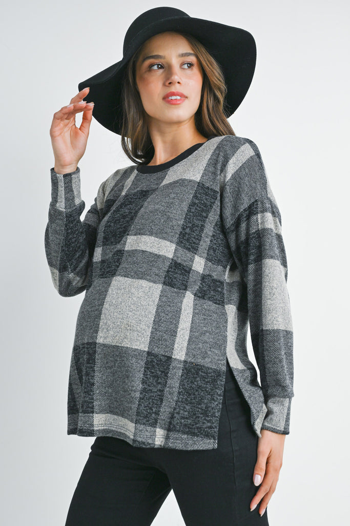 Black Plaid Crewneck Long Sleeve Maternity Pullover Top Side View